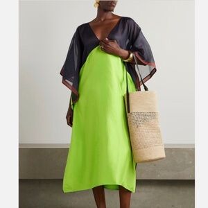New Tory Burch Silk Satin & Cotton Caftan Dress Size XS/S Navy/Vibrant Green